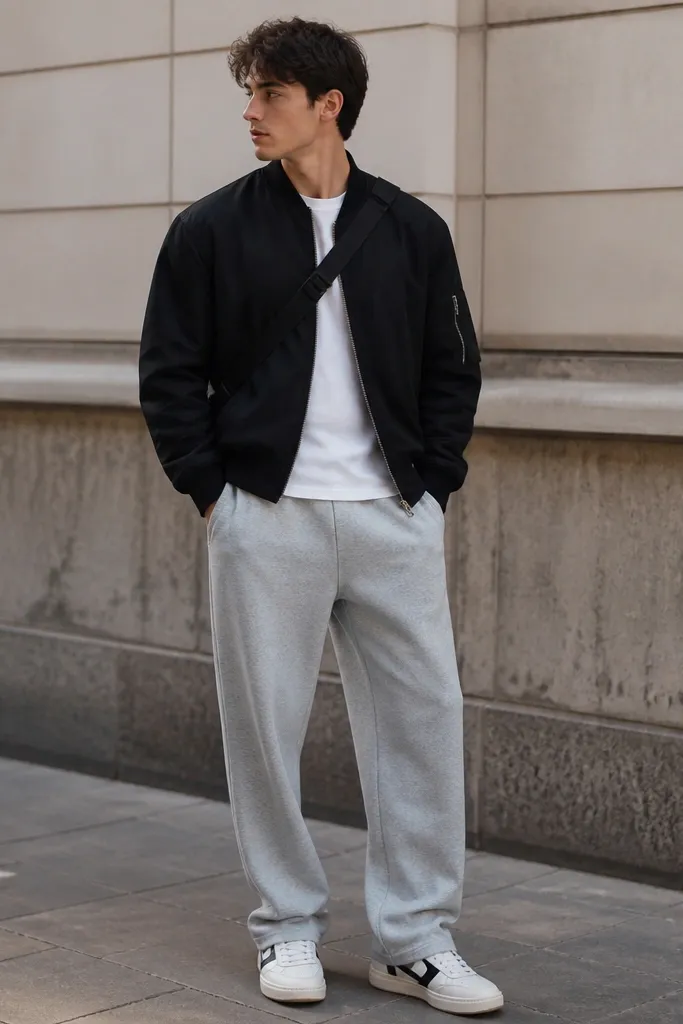 The image shows grey sweatpants paired with a black bomber jacket zipped halfway. Underneath is a plain white crew tee. The man wears white sneakers with black details and a black crossbody bag strap across his chest.