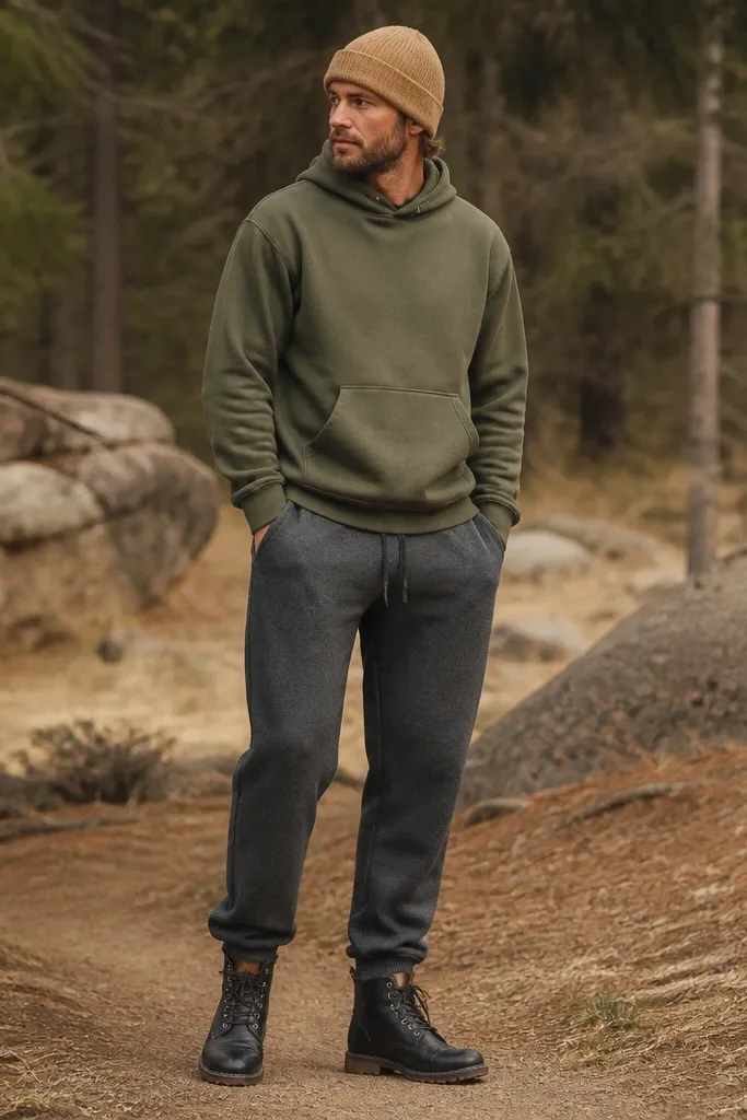 A full-body photo shows charcoal grey sweatpants with an olive green pullover hoodie. The man wears black leather lace-up boots and a tan beanie. The hoodie has no large graphic, and the overall look is earthy and grounded.