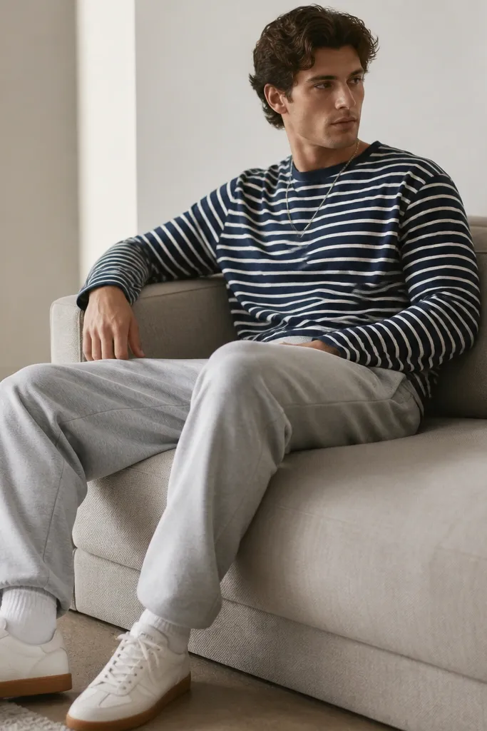 The man wears light grey sweatpants with a navy-and-white striped long sleeve shirt. His sneakers are white with gum soles. A simple silver chain sits at the collar area, and the outfit looks clean and casual.