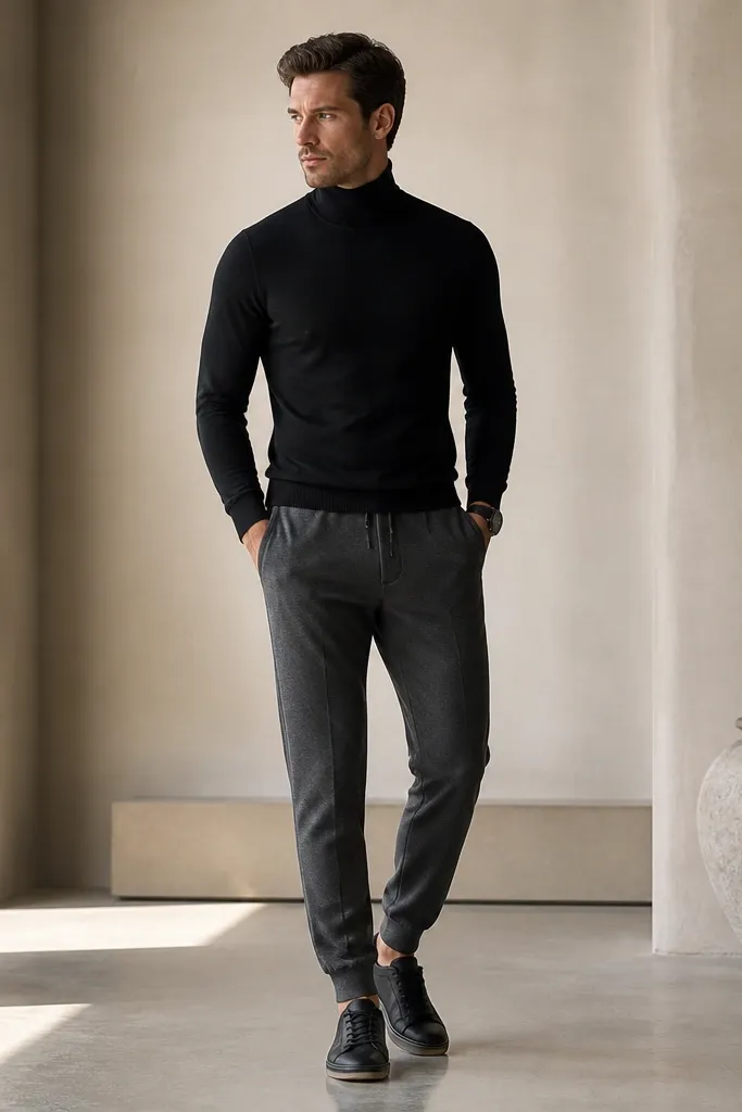 The image shows charcoal grey sweatpants with a fitted black turtleneck. The man wears black low-profile sneakers and a black watch. The turtleneck collar sits snug, and the outfit feels clean and modern.