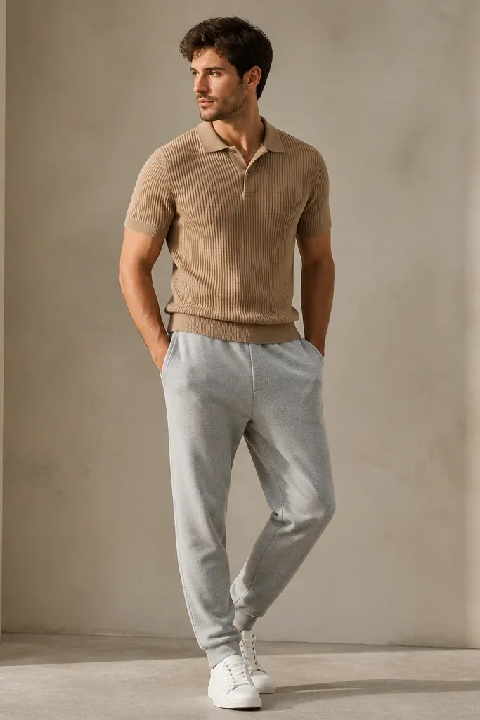 A man wears heather grey sweatpants with a tan knit polo shirt. He's in white sneakers and has a simple belt-less look with the polo hem sitting at the waistband. The lighting shows the knit texture clearly.