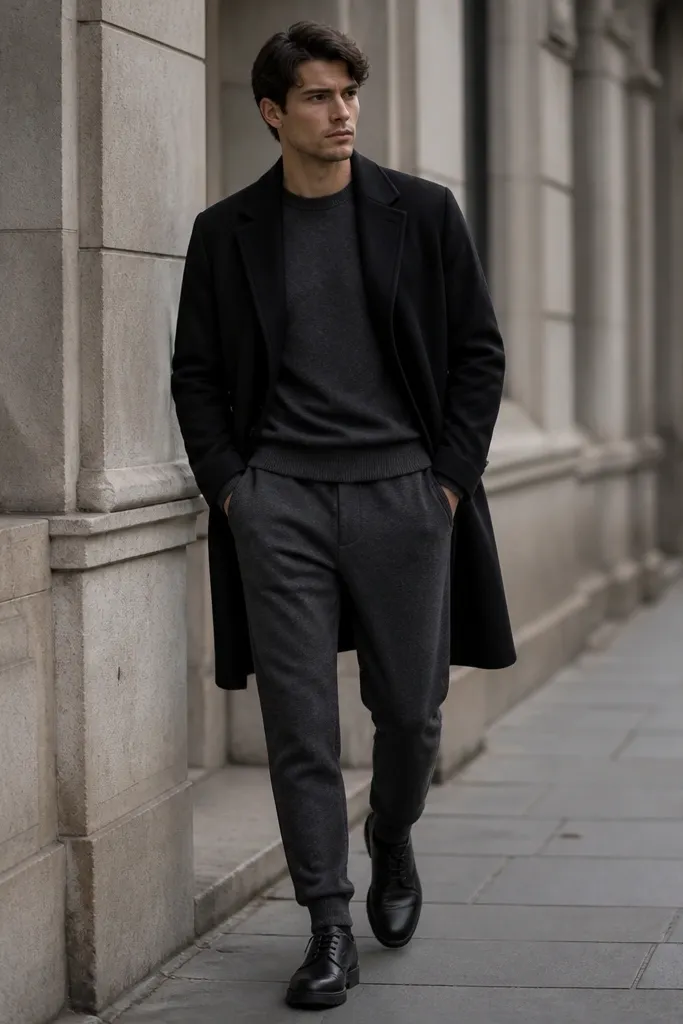 The photo shows charcoal grey sweatpants with a matching grey crewneck sweater. Over it is a black overcoat that reaches near mid-thigh. The man wears black shoes and keeps the outfit monochrome.