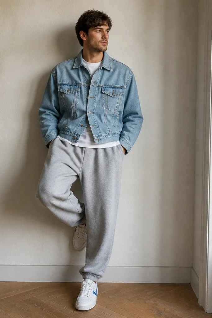 A man wears grey sweatpants with a light blue denim jacket and a white tee underneath. His shoes are white sneakers with blue accents. The jacket is buttoned low, and the waistband of the tee is visible.
