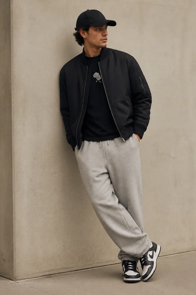 The image shows grey sweatpants with a black tee that has a small chest graphic. A bomber jacket sits over it, mostly zipped. The man wears black-and-white sneakers and a black cap.