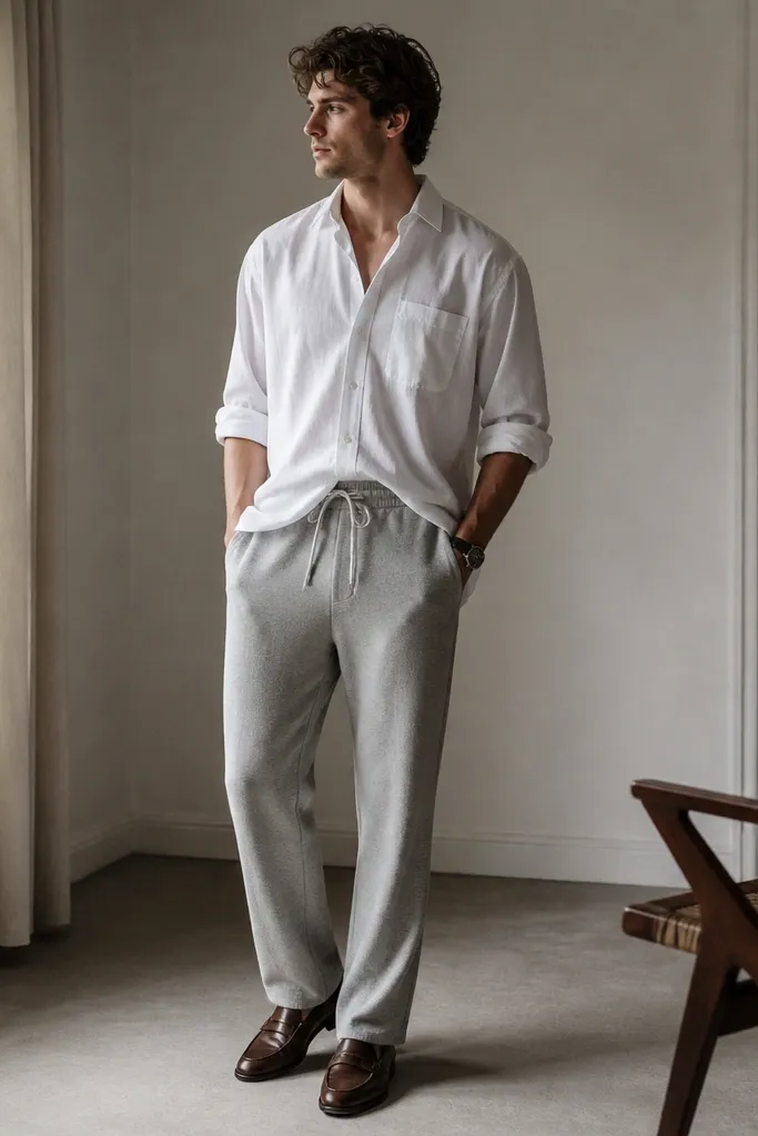 A man wears grey sweatpants with a white oversized button-down shirt. The sleeves are rolled to mid-forearm and the shirt is half-tucked at the front. He wears brown loafers and a simple wristwatch.