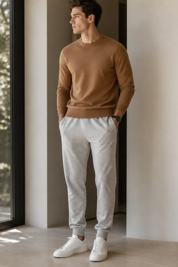 The photo shows heather grey sweatpants with a camel brown crewneck sweater. The man wears white sneakers and a black watch. The crewneck has a clean rib hem and a matte finish.