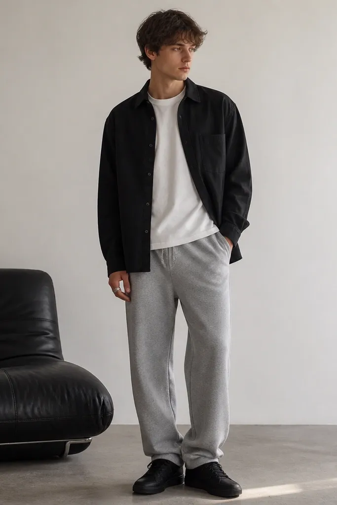 The image shows medium grey sweatpants with a black denim button-up shirt worn open over a white tee. The man wears black sneakers and a silver ring. The denim has a matte finish and the shirt is slightly oversized.