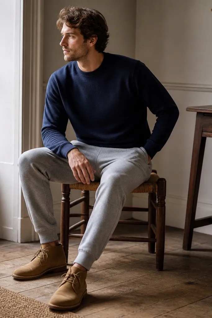 A man wears grey sweatpants with a navy crewneck sweatshirt. His shoes are tan suede chukka boots. The outfit is earthy-cool, and the sweatpants hem sits just above the boot tongue.