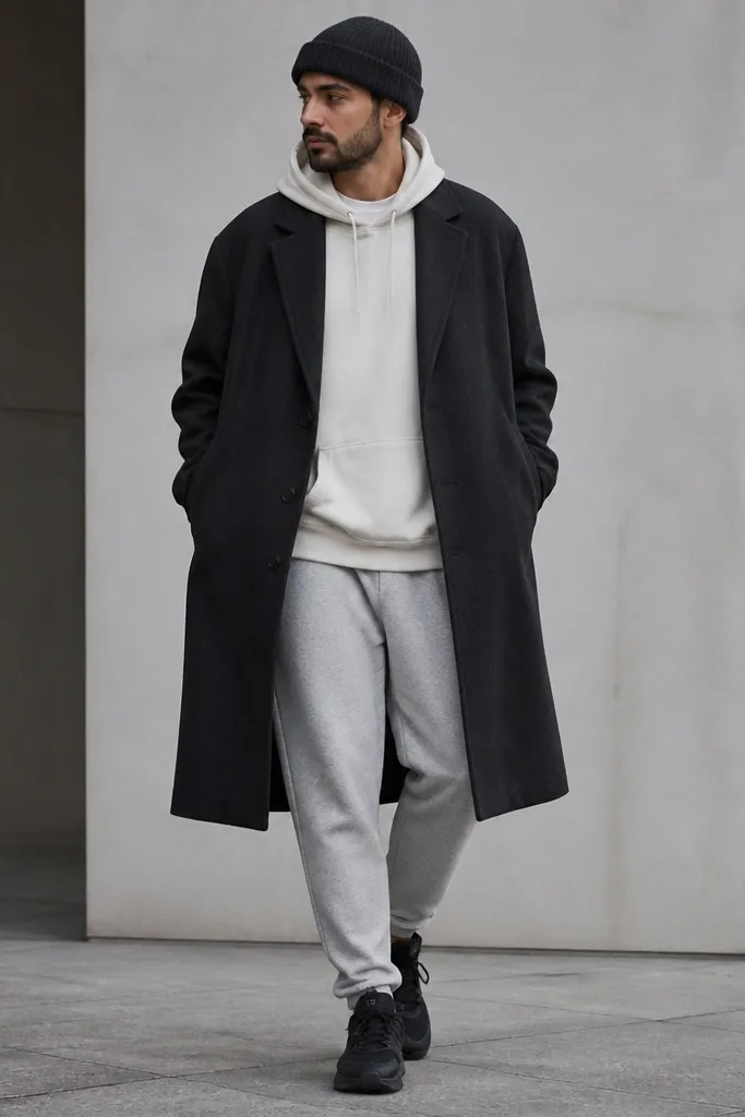 The image shows grey sweatpants with a white hoodie underneath a long dark coat. The coat reaches mid-calf. The man wears black sneakers and a dark beanie, and the hoodie drawstrings are visible.