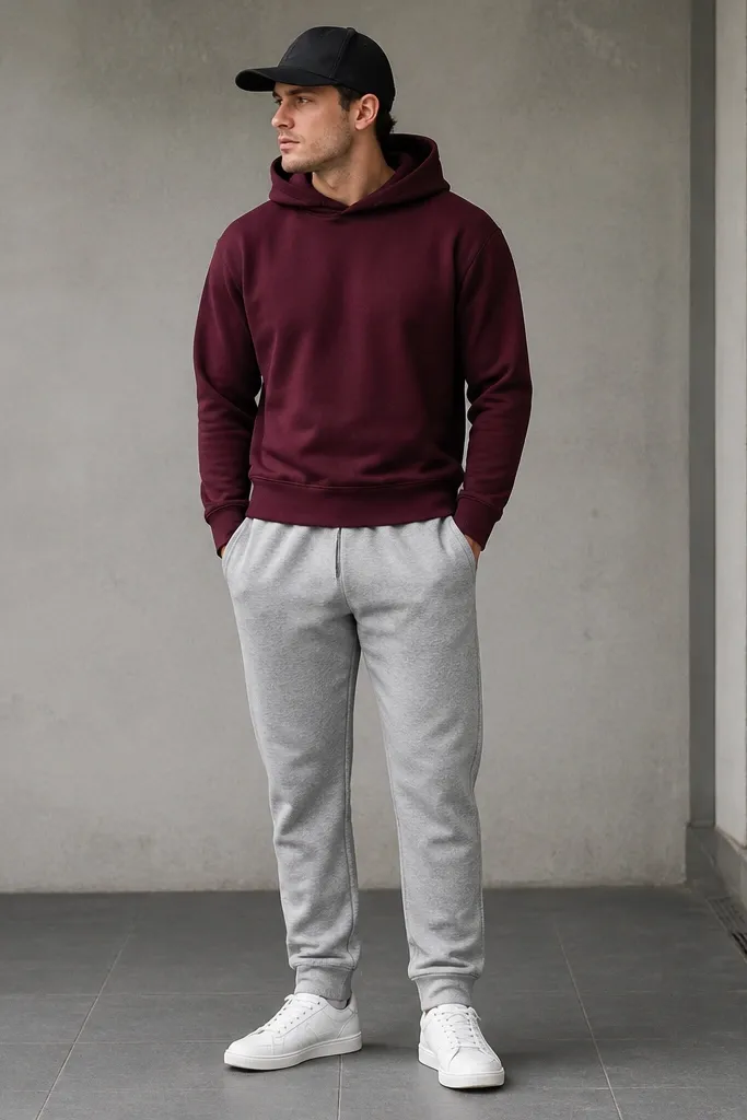 A man stands in grey sweatpants with a burgundy pullover hoodie. He wears clean white sneakers and a black cap. The hoodie has no large print and the cuffs sit snug at the wrists.