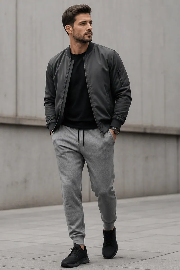 The image shows medium grey sweatpants with a slightly darker grey bomber jacket. Underneath is a black tee. The man wears black sneakers and a dark watch, and the outfit is monochrome with depth.