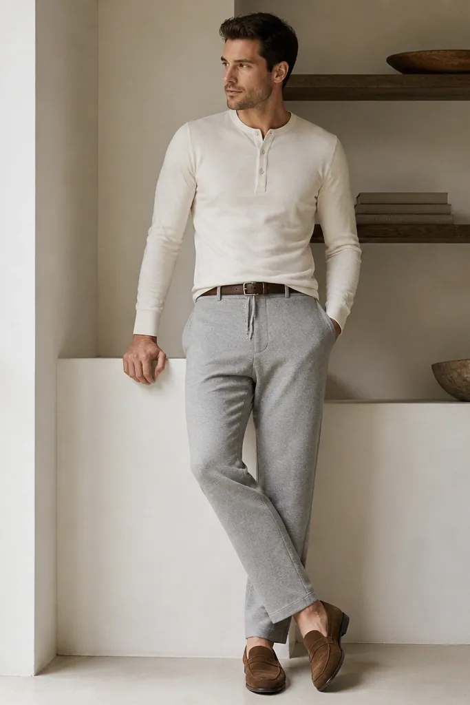 A man wears heather grey sweatpants with a cream henley shirt. He's in brown suede loafers and has a light brown belt. The henley has buttons at the collar and sits neatly at the waistband.
