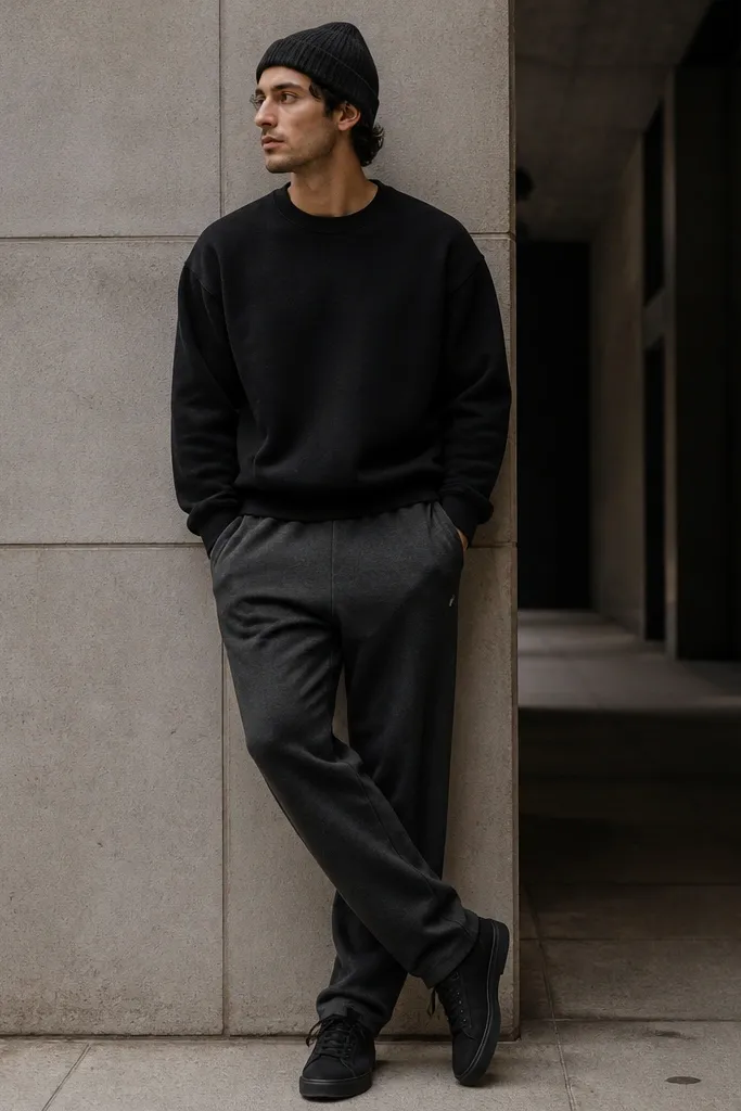 A man wears charcoal grey sweatpants with a black crewneck sweatshirt. He's wearing a dark beanie and black low-top sneakers. The outfit looks monochrome with texture from the sweatshirt fleece.