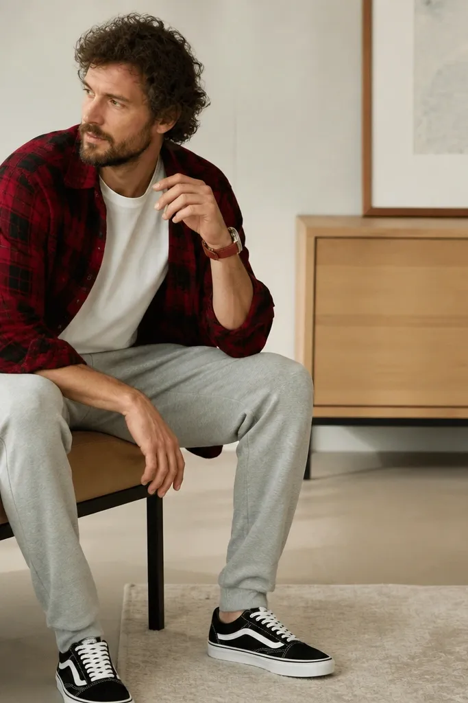 The man wears grey sweatpants with a white t-shirt and an oversized red-and-black flannel shirt worn open. He wears black and white sneakers and a red watch strap. The flannel pattern is visible and the sleeves are slightly rolled.