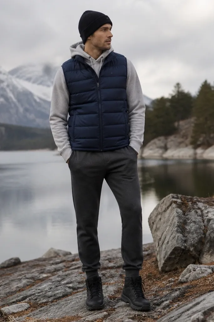 The photo shows charcoal grey sweatpants with a dark navy puffer vest worn over a light grey hoodie. The man wears black winter boots and a dark beanie. The vest is sleeveless and the hoodie sleeves peek out.