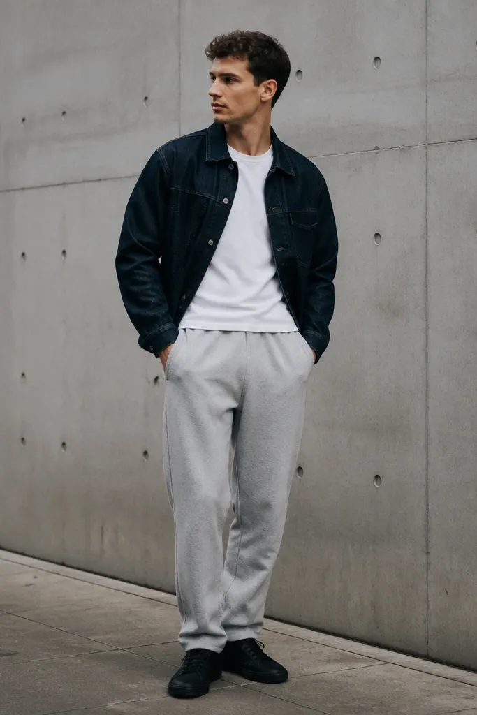 A man wears medium grey sweatpants with a white tee and a dark wash denim jacket. The jacket is slightly oversized but not huge. He wears black sneakers and keeps the jacket sleeves unrolled.