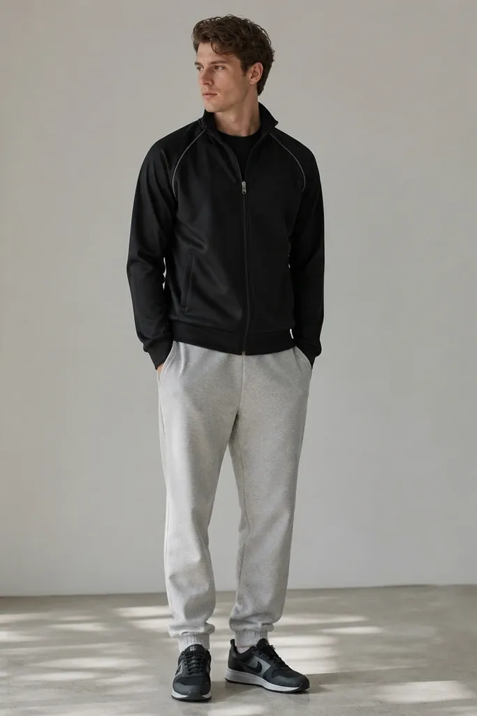 The image shows grey sweatpants with a matte black track jacket zipped up. Underneath is a black tee. The man wears low-profile sneakers in black and grey, and the jacket has subtle piping.