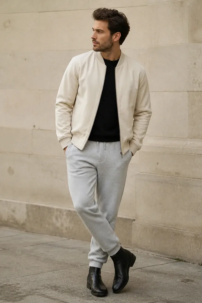 A man wears light grey sweatpants with a cream bomber jacket. He has a black tee under it and wears black Chelsea boots. The bomber has ribbed cuffs and waistband, and the outfit feels warm and clean.