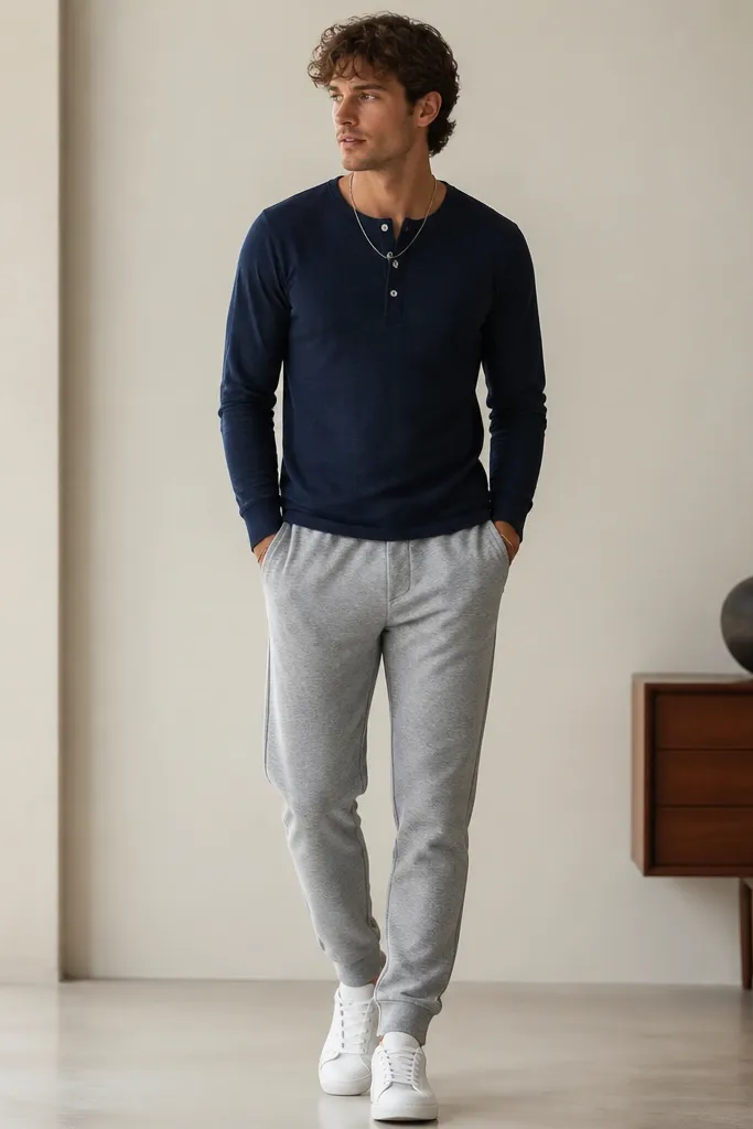 The photo shows medium grey sweatpants with a navy henley shirt. The man wears white sneakers and a thin silver chain. The henley buttons are visible, and the shirt hem sits around the waistband.