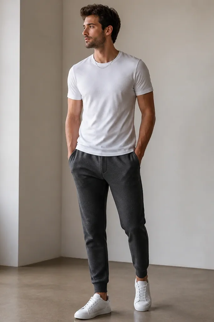 A man wearing charcoal tapered sweatpants with a crisp white ribbed crewneck tee. He has white low-top sneakers and a thin silver chain. The pants stop with a slight break right above the shoe, showing a clean ankle line.