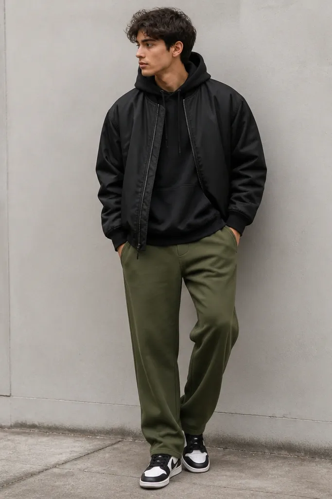 Olive green sweatpants paired with a matte black hoodie. Over it is a black bomber jacket with a ribbed collar and elastic cuffs. The bomber hem hits around mid-hip. Shoes are black-and-white sneakers.