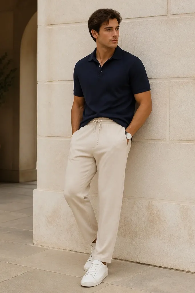 Cream sweatpants paired with a navy polo shirt. The polo collar sits flat and the shirt is tucked only at the front. White sneakers complete the look, with a simple wristwatch visible.