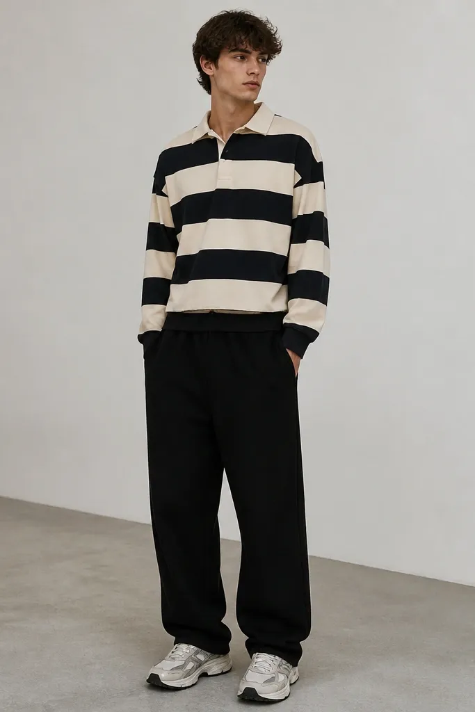 Black sweatpants with a striped rugby shirt (cream and black). The rugby collar is visible and the shirt is slightly cropped at the waist. The man wears chunky trainers in off-white and grey.