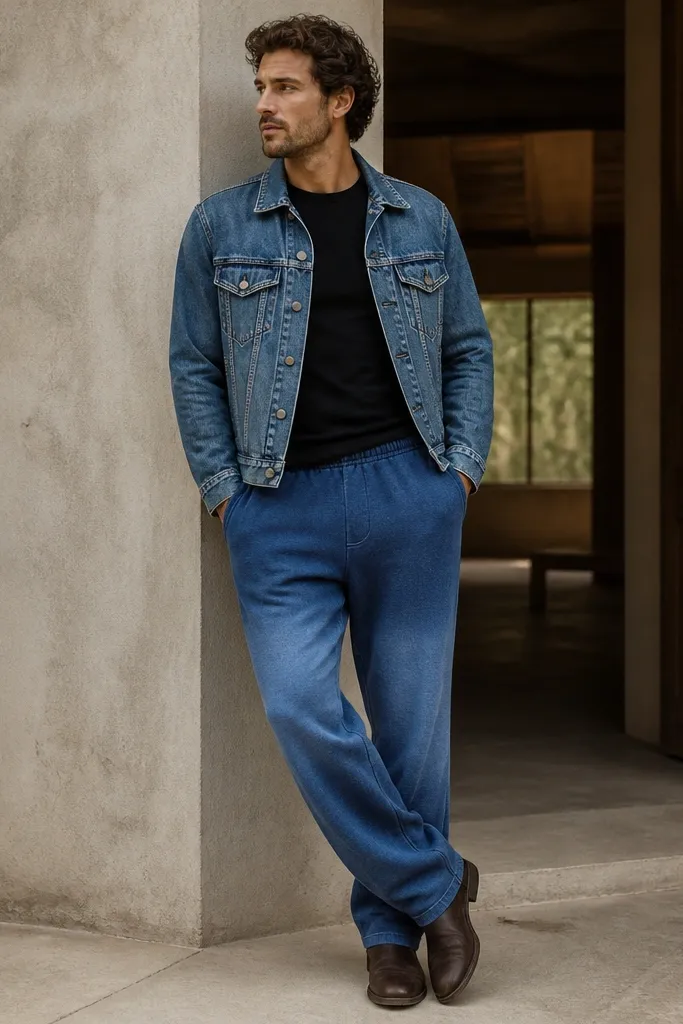 Blue sweatpants with a subtle gradient wash. The man wears a fitted black long-sleeve shirt under a medium-wash denim jacket. The denim jacket hem hits at the mid-hip, and the shoes are dark brown boots.