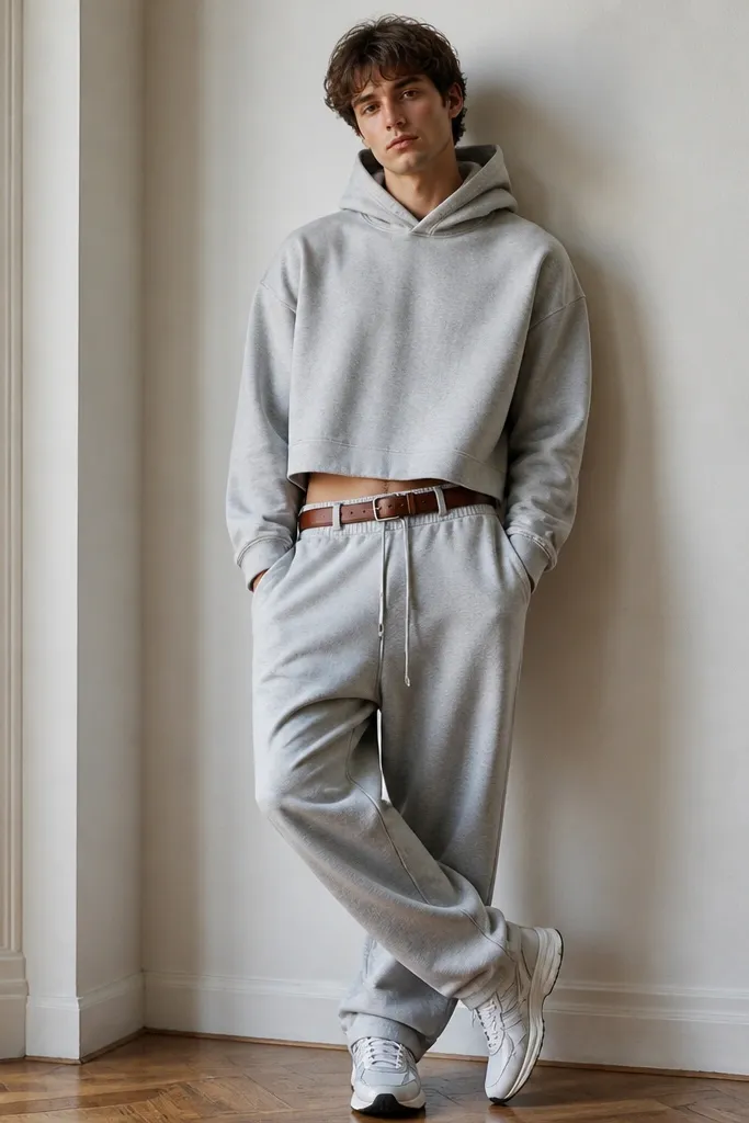 Heather grey sweatpants with a slightly cropped light grey hoodie. A brown leather belt is visible at the waist, and the man wears white sneakers with grey detailing.