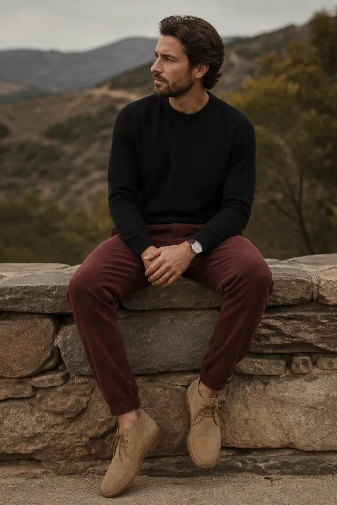 Burgundy sweatpants paired with a black crewneck sweater. The man wears suede desert boots in tan. A simple watch is visible, and the pants break cleanly above the boot.