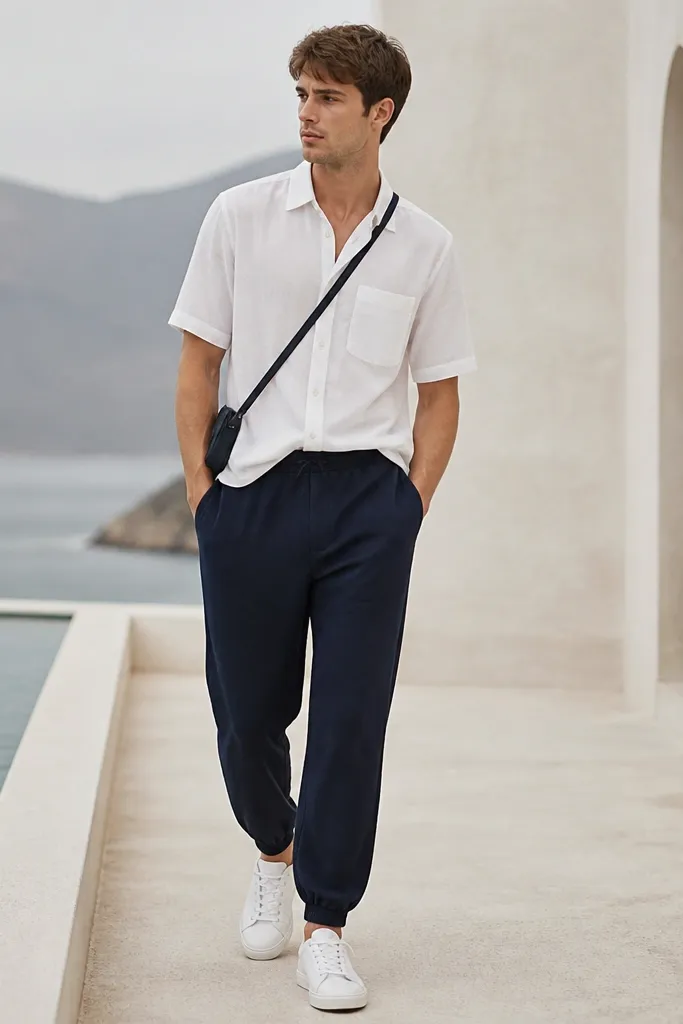 Navy sweatpants with a white short-sleeve button-down shirt. The shirt is unbuttoned at the top and lightly tucked at the front. White sneakers and a minimal crossbody bag appear.