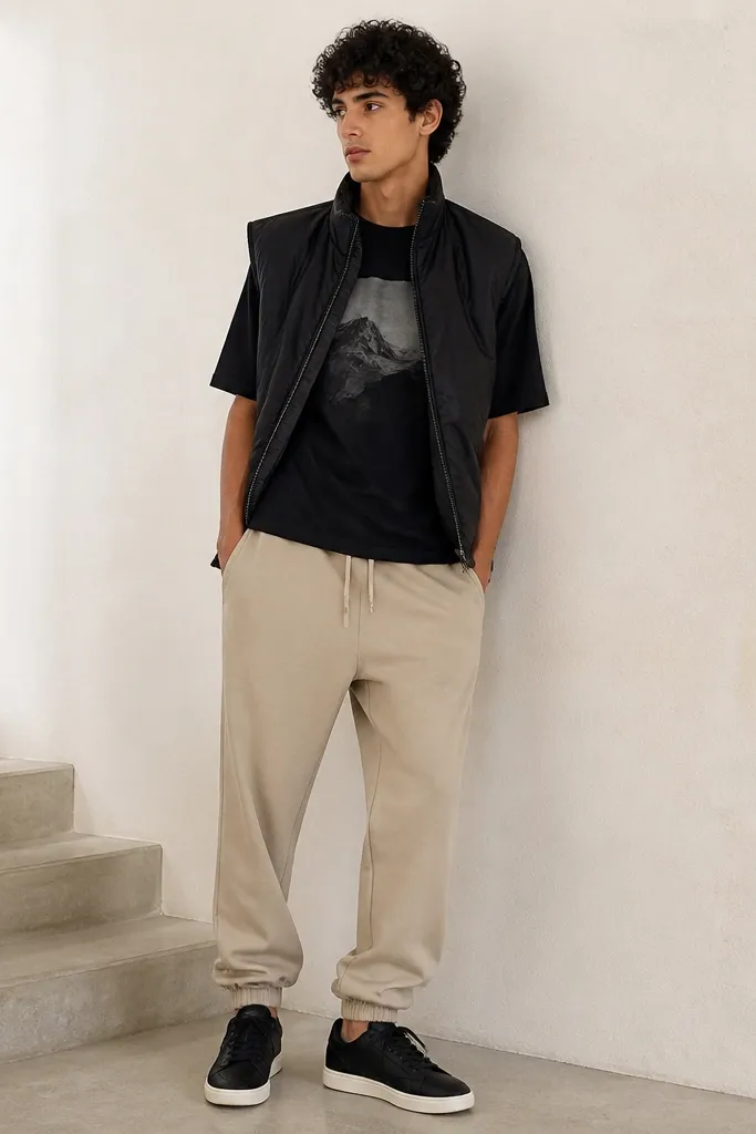 Sand-colored sweatpants paired with a black graphic tee. The man wears a black bomber vest with a slight sheen and ribbed armholes. Sneakers are black with white soles.
