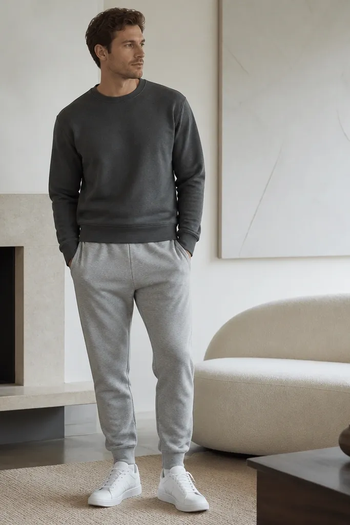 Grey sweatpants with a sweatshirt in a darker charcoal grey. The set has matching ribbed cuffs and a clean crew neckline. The man wears white sneakers and keeps the sweatshirt hem at the waistband.