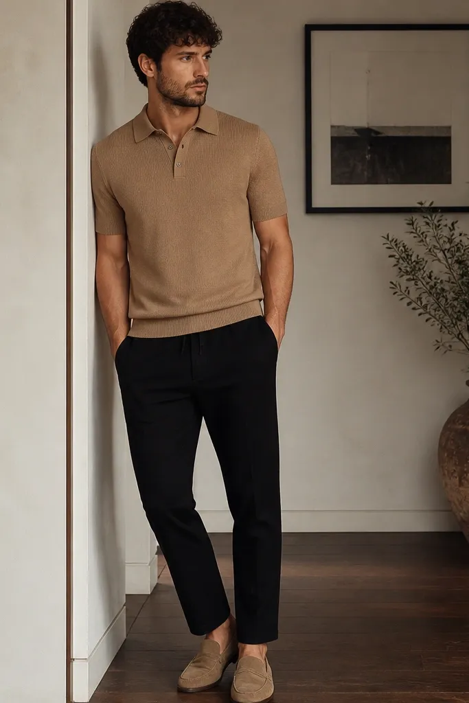 Black sweatpants paired with a tan knit polo shirt. The man wears tan suede slip-on loafers. The polo collar sits flat, and the sweatpants hem ends cleanly above the loafers.