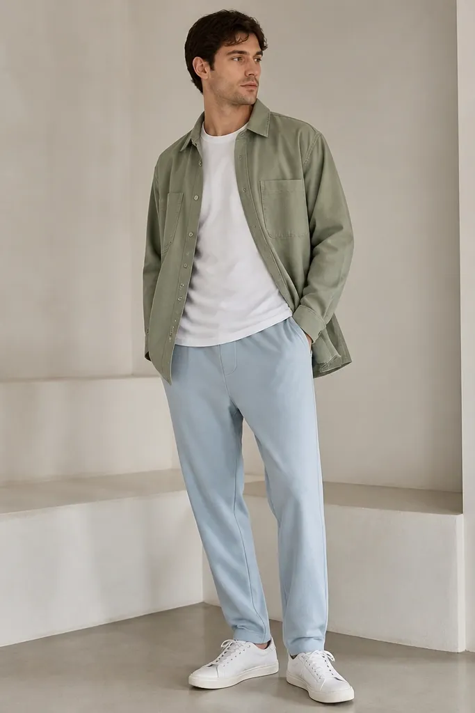 Light blue sweatpants paired with a plain white tee. Over it is a light olive overshirt worn open, with button tabs visible at the sides. The man wears white low-top sneakers.