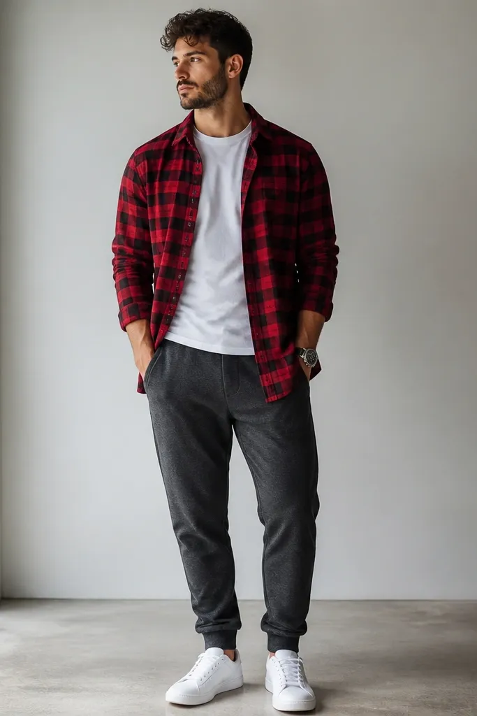 Charcoal sweatpants with a red-and-black plaid flannel shirt worn open over a white tee. The man wears white sneakers and a watch. The flannel hem sits around the upper thigh.