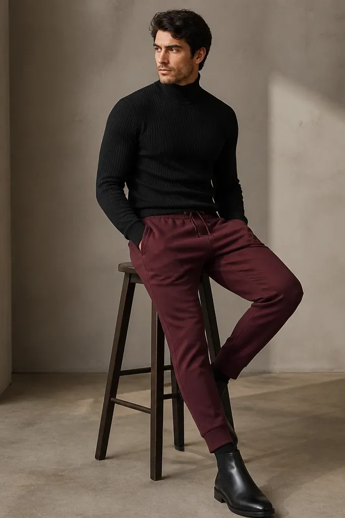 Maroon sweatpants paired with a black ribbed turtleneck. The man wears black leather boots with a low heel. The sweatpants hem is tapered and lands just above the boot.