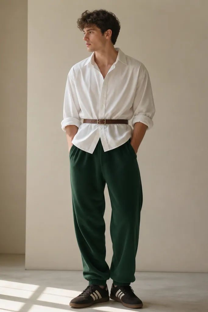 Forest green sweatpants with a white oversized button-up shirt. The shirt is cinched slightly with a brown belt at the waist, and sleeves are rolled. The man wears dark sneakers.