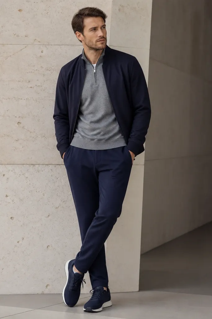 Navy sweatpants paired with a grey quarter-zip sweater. Over it is a dark bomber jacket worn open. Shoes are navy running-style sneakers with white soles.