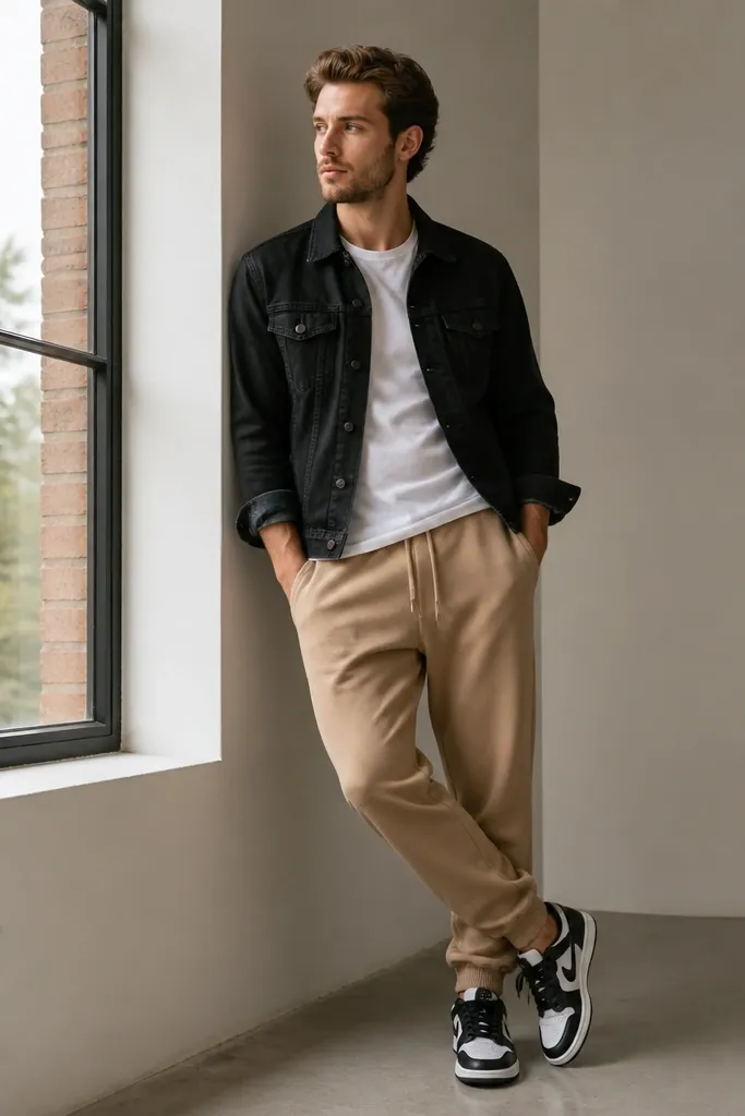 Tan sweatpants paired with a white tee and a black denim jacket. The jacket is buttoned halfway and the sleeves are slightly rolled. The man wears black-and-white sneakers.