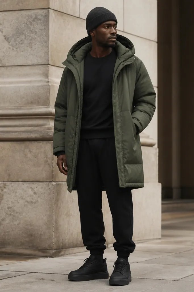 Black sweatpants with a deep green parka worn open. The man wears a dark knit beanie and a plain black tee underneath. Shoes are black sneakers with thick soles.