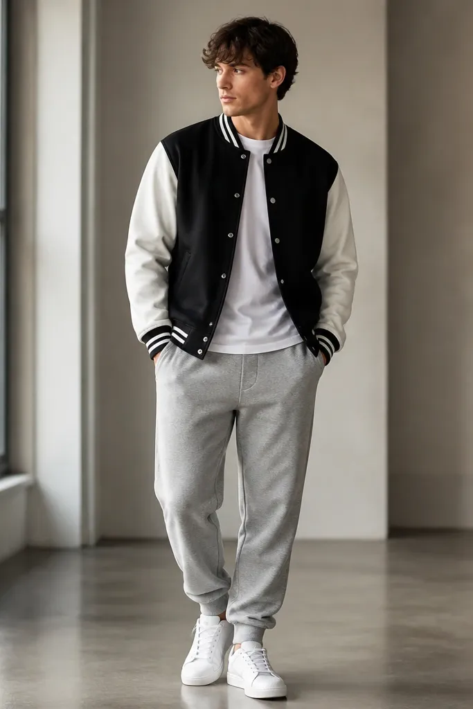 Grey sweatpants with a black-and-white varsity jacket. The jacket has contrasting sleeves and ribbed collar. The man wears white sneakers and keeps the jacket hem around mid-hip.