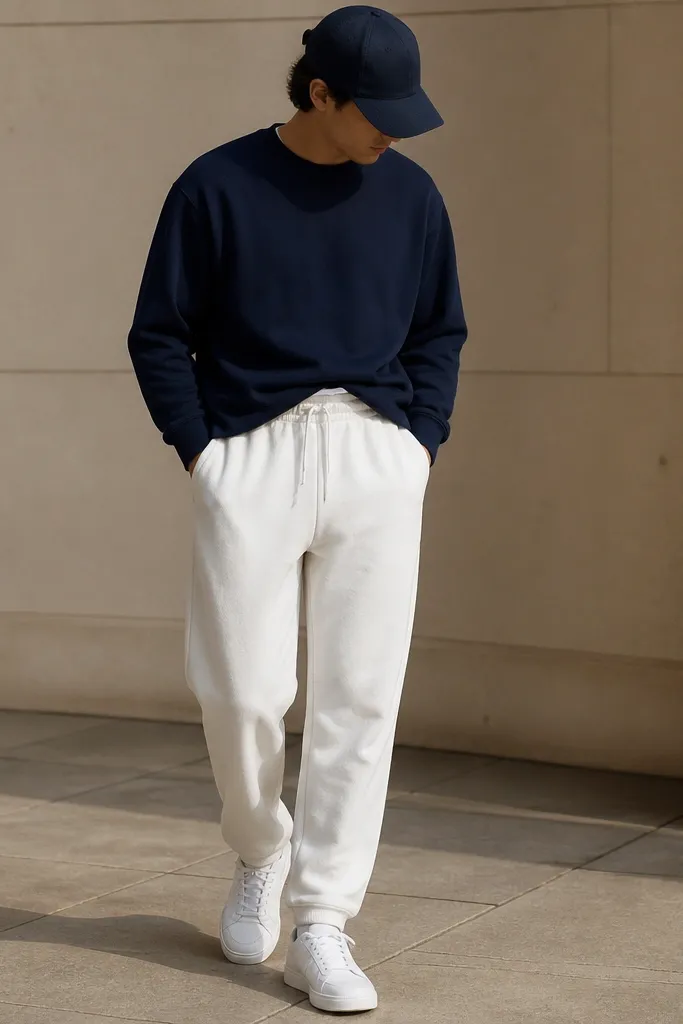 White sweatpants paired with a navy sweatshirt. A navy baseball cap sits low, and the man wears clean white sneakers. The sweatshirt is slightly tucked at the front.