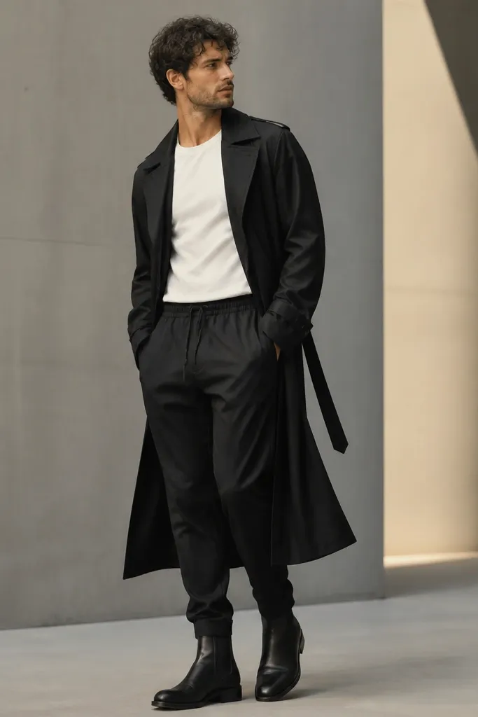 Black sweatpants paired with a white tee and a longline black trench coat. The trench is open and has a belt at the back not tied. The man wears black Chelsea boots.