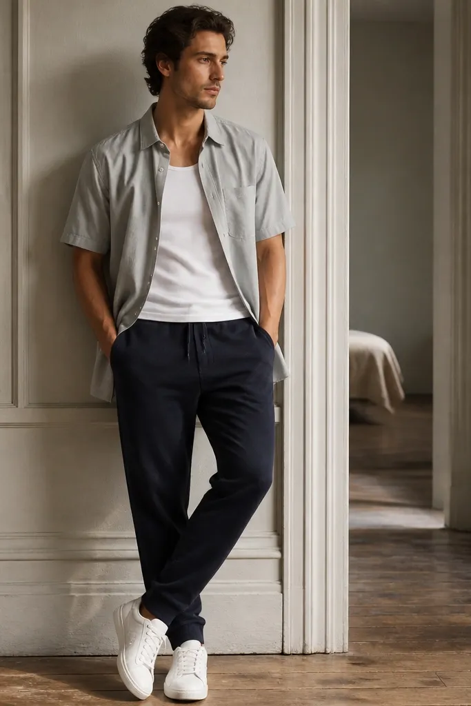 Navy sweatpants worn with a white tank top. Over it is an open lightweight short-sleeve shirt in light grey. The man wears white sneakers and keeps the shirt hem around mid-thigh.
