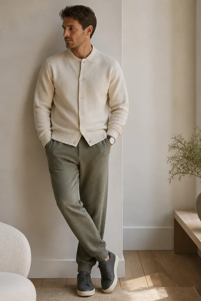 Heather olive sweatpants paired with a cream cardigan. The cardigan is worn buttoned and has a soft knit texture. The man wears dark grey sneakers and a simple watch.