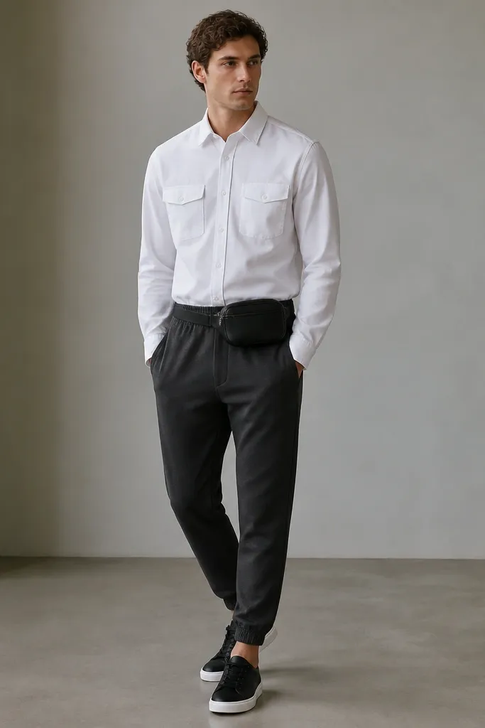 Charcoal sweatpants paired with a white denim shirt worn buttoned. The man wears a small black belt bag across the waist. Shoes are black sneakers with white soles.