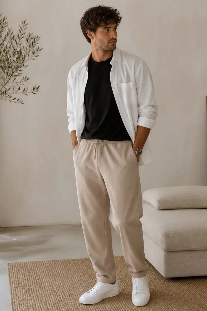 Sand sweatpants with a black crewneck tee. Over it is a white overshirt worn open, with sleeves rolled to show forearms. The man wears white sneakers and a watch.