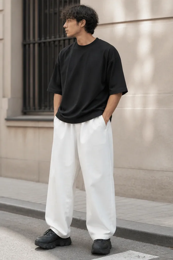 A man wears white baggy wide-leg pants with a black oversized crewneck tee, paired with chunky black sneakers. The outfit is photographed outdoors on a bright street; the pants drape loosely from a mid-high rise and the sneakers have thick soles.