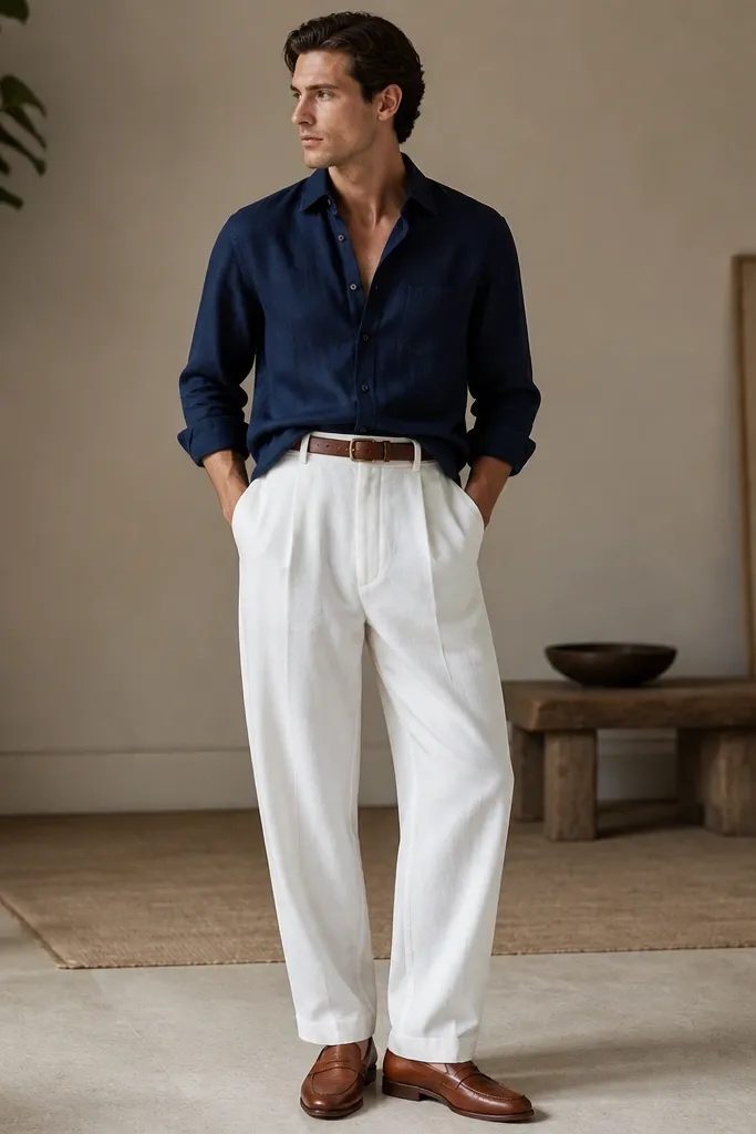 A man in white baggy pants wears a navy oxford button-down partially half-tucked into the waistband. He has brown leather loafers on, with a brown leather belt matching the shoes. The photo shows a clean, tailored look with soft drape in the pants.